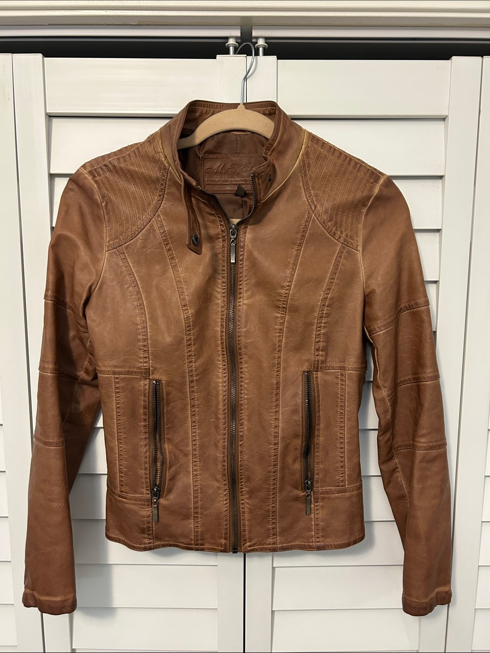 Women's Tan faux-leather Zip-Front Moto Jacket